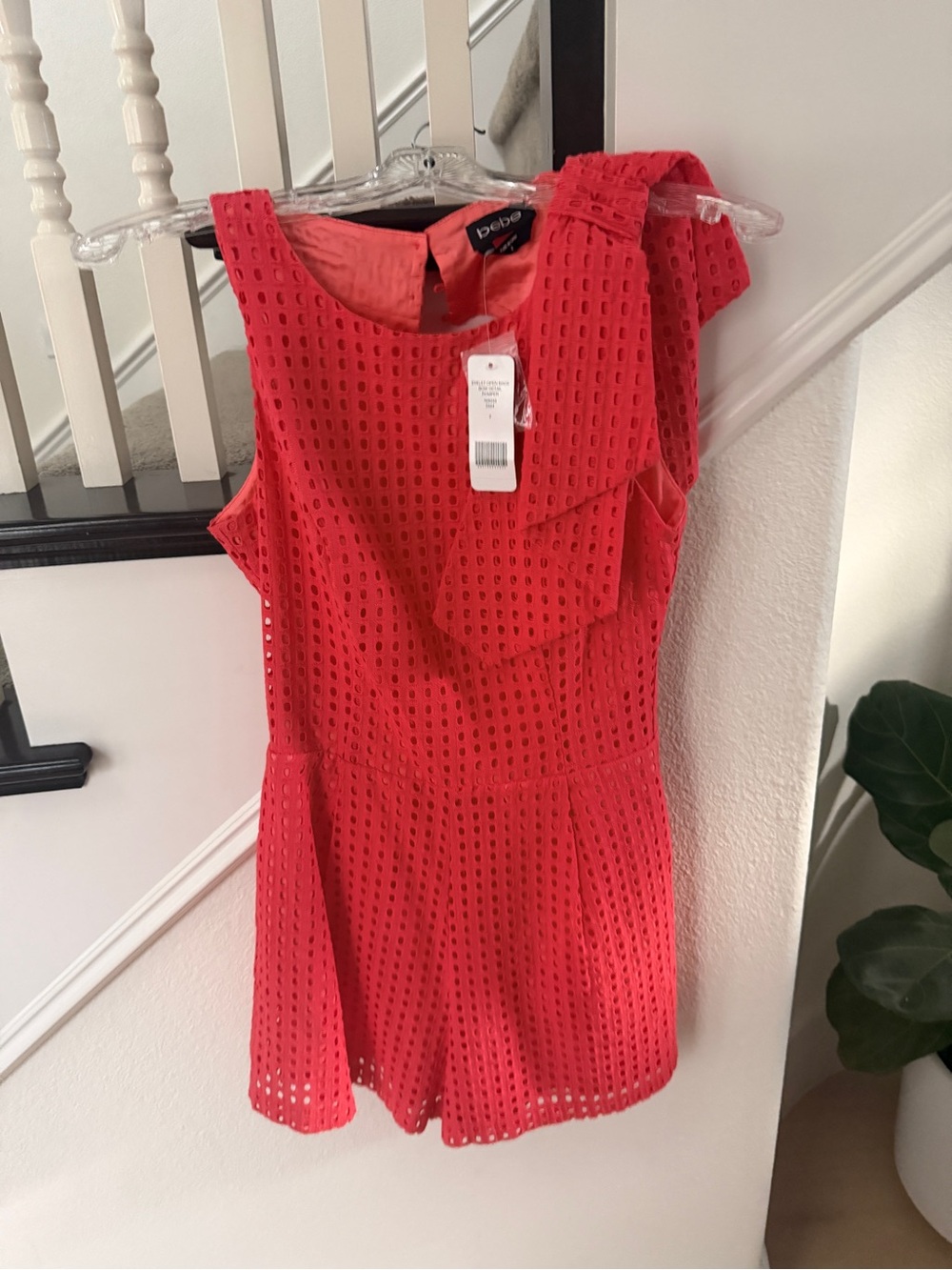 bebe Coral Eyelet Bow-Back Romper